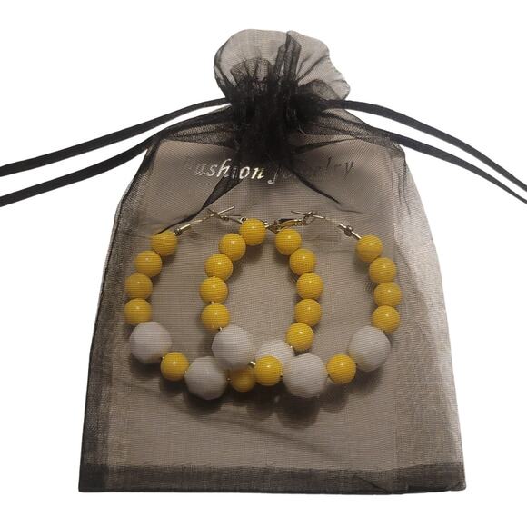 Yellow White Hoop Earrings 2" Retro Bold Funky Y2K Festival Pierced 80's Acrylic - Picture 4 of 6